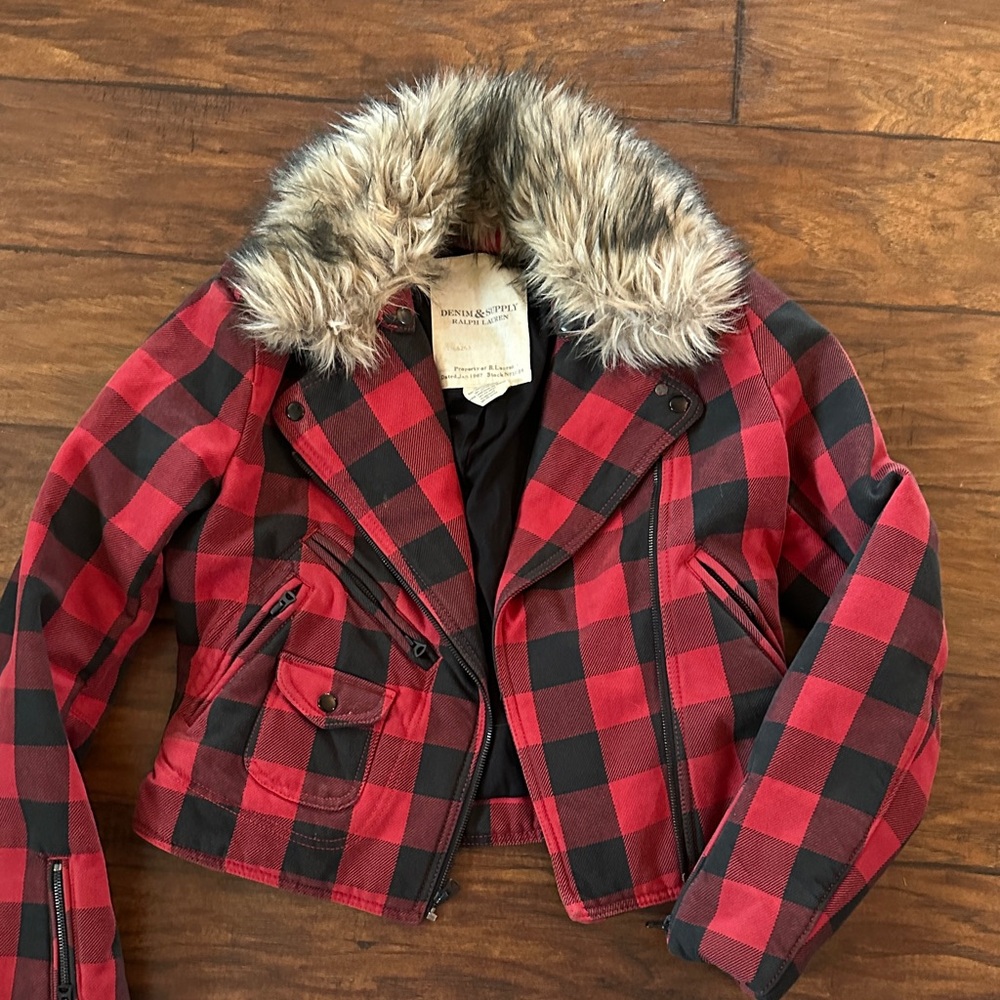 Ralph Lauren Red and Black Plaid Jacket with Faux Fur Trim
